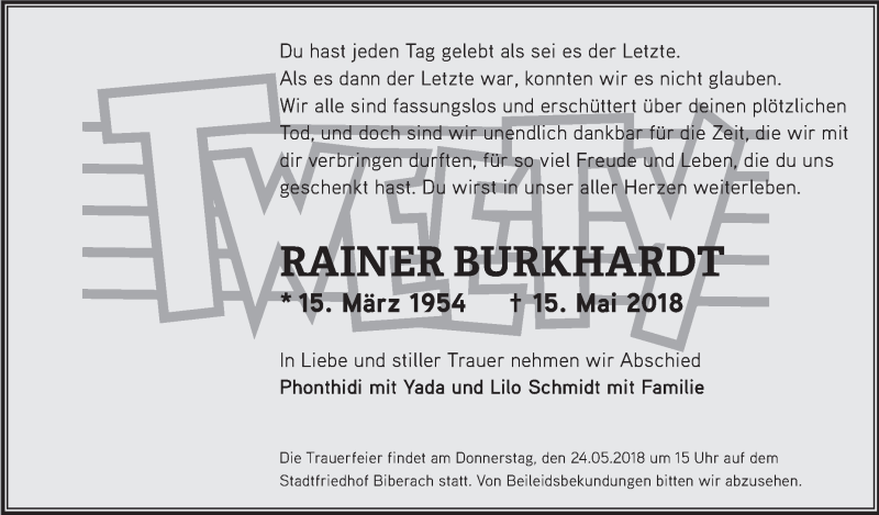  Traueranzeige für Rainer Burkhardt vom 19.05.2018 aus Schwäbische Zeitung