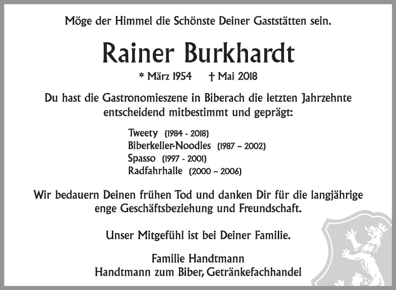  Traueranzeige für Rainer Burkhardt vom 23.05.2018 aus Schwäbische Zeitung