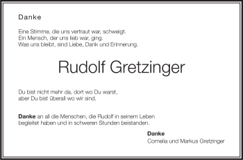 Anzeige von Rudolf Gretzinger von Schwäbische Zeitung
