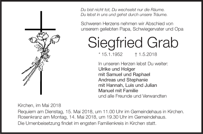  Traueranzeige für Siegfried Grab vom 09.05.2018 aus Schwäbische Zeitung