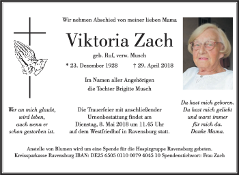 Anzeige von Viktoria Zach von Schwäbische Zeitung