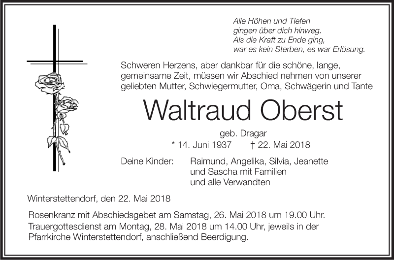  Traueranzeige für Waltraud Oberst vom 25.05.2018 aus Schwäbische Zeitung