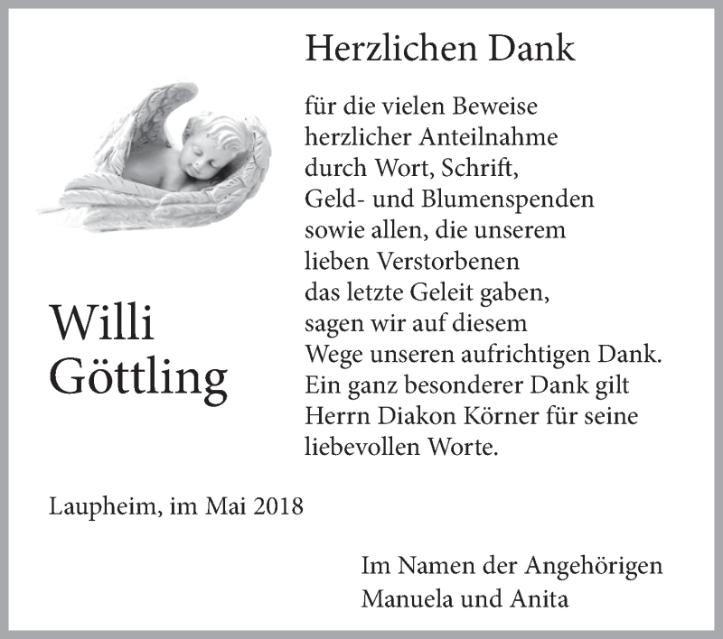  Traueranzeige für Willi Göttling vom 12.05.2018 aus Schwäbische Zeitung