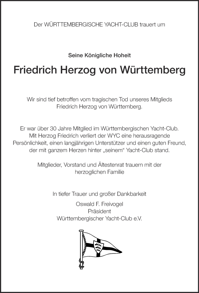  Traueranzeige für Friedrich Herzog von Württemberg vom 15.05.2018 aus 