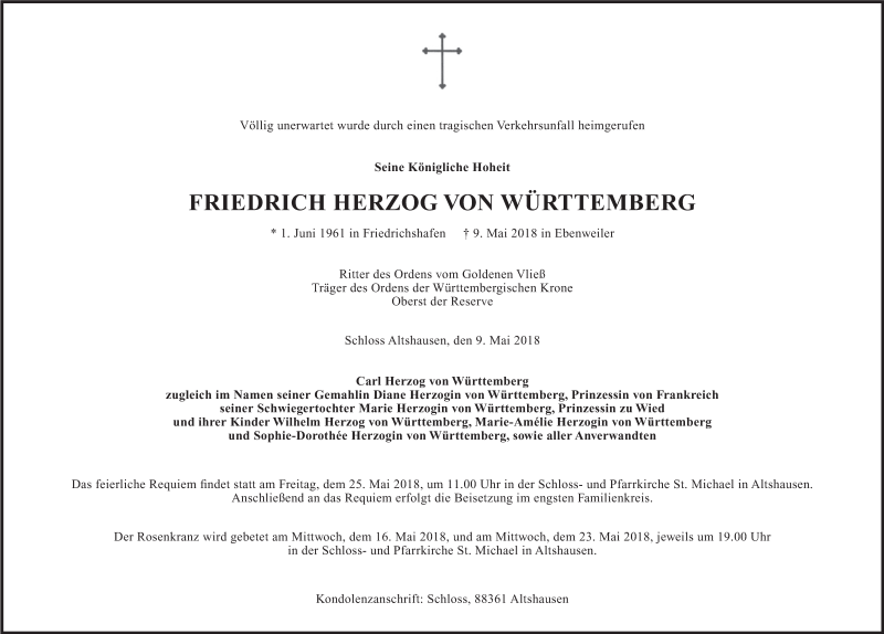  Traueranzeige für Friedrich Herzog von Württemberg vom 12.05.2018 aus 