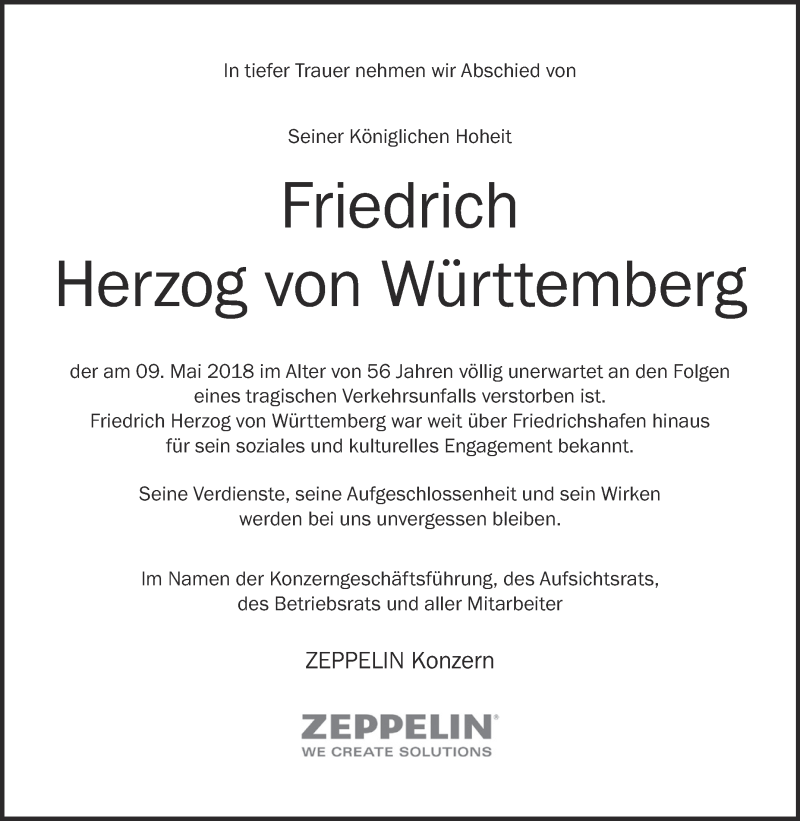  Traueranzeige für Friedrich Herzog von Württemberg vom 16.05.2018 aus Schwäbische Zeitung 