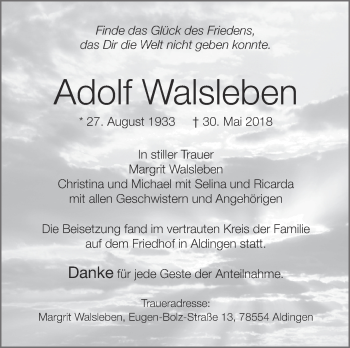 Anzeige von Adolf Walsleben von Schwäbische Zeitung