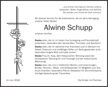 Anzeige von Alwine Schupp von Schwäbische Zeitung
