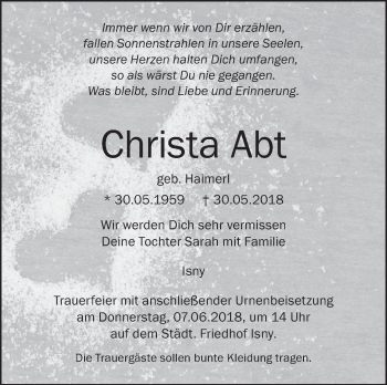 Anzeige von Christa Abt von Schwäbische Zeitung