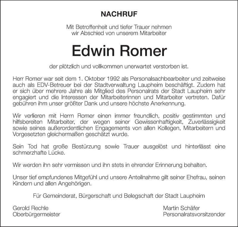  Traueranzeige für Edwin Romer vom 08.06.2018 aus Schwäbische Zeitung