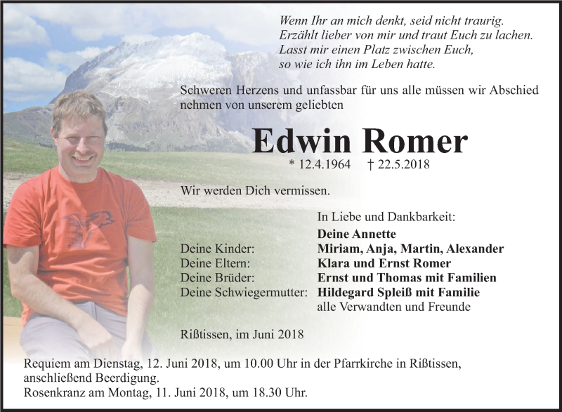  Traueranzeige für Edwin Romer vom 08.06.2018 aus Schwäbische Zeitung