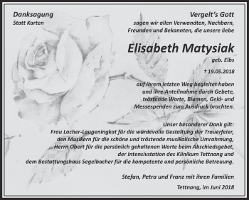 Anzeige von Elisabeth Matysiak von Schwäbische Zeitung