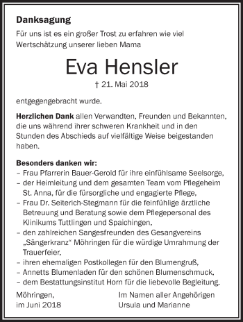 Anzeige von Eva Hensler von Schwäbische Zeitung