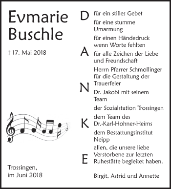 Anzeige von Evmarie Buschle von Schwäbische Zeitung