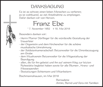 Anzeige von Franz Ebe von Schwäbische Zeitung