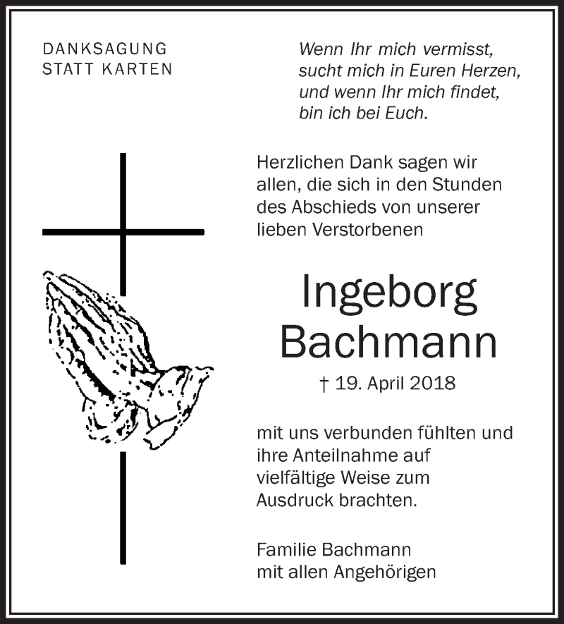  Traueranzeige für Ingeborg Bachmann vom 09.06.2018 aus Schwäbische Zeitung