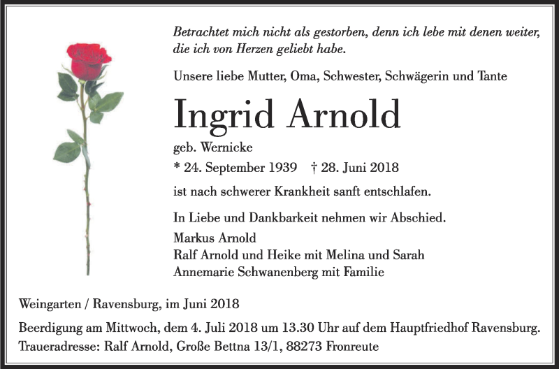  Traueranzeige für Ingrid Arnold vom 30.06.2018 aus Schwäbische Zeitung