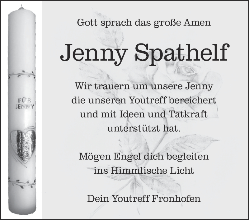  Traueranzeige für Jenny Spathelf vom 15.06.2018 aus Schwäbische Zeitung