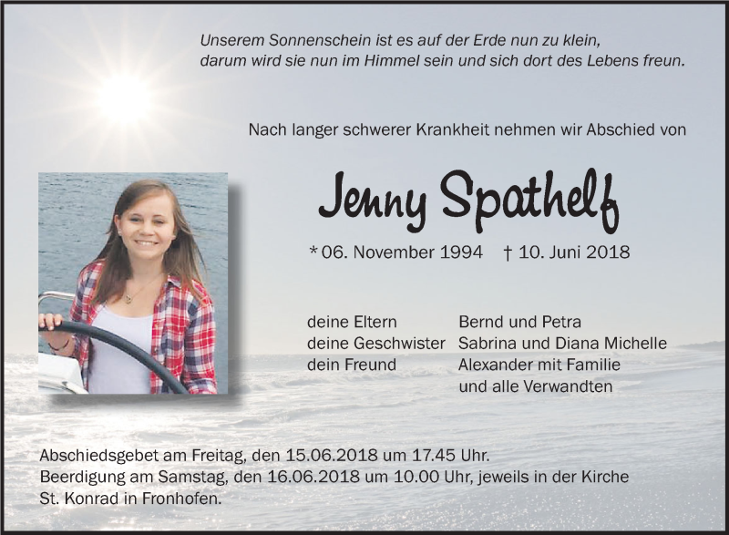  Traueranzeige für Jenny Spathelf vom 13.06.2018 aus Schwäbische Zeitung