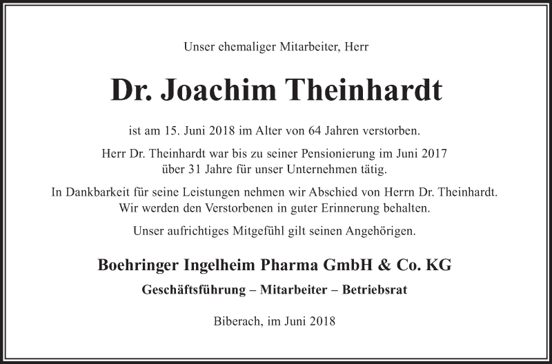  Traueranzeige für Joachim Theinhardt vom 29.06.2018 aus Schwäbische Zeitung