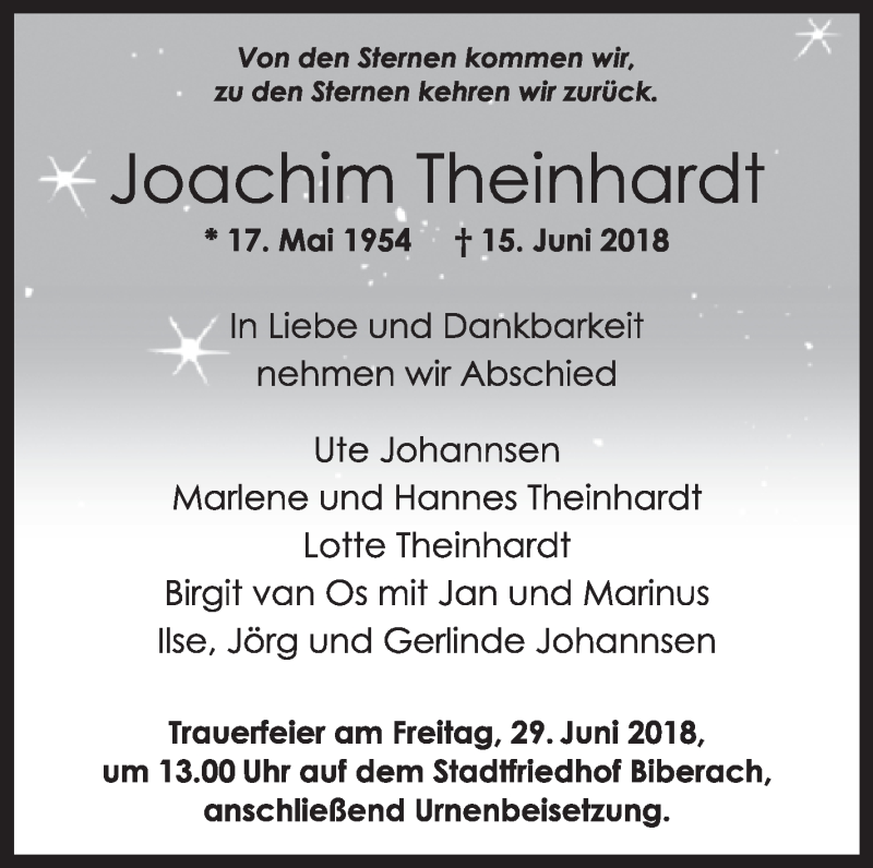  Traueranzeige für Joachim Theinhardt vom 23.06.2018 aus Schwäbische Zeitung