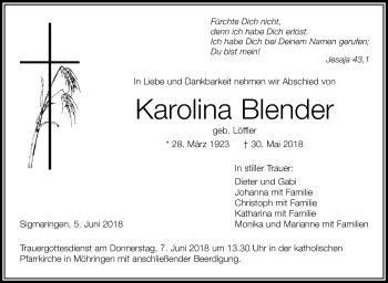 Anzeige von Karolina Blender von Schwäbische Zeitung