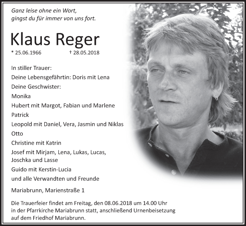  Traueranzeige für Klaus Reger vom 02.06.2018 aus Schwäbische Zeitung
