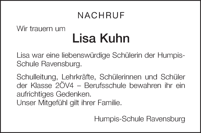  Traueranzeige für Lisa Kuhn vom 15.06.2018 aus Schwäbische Zeitung