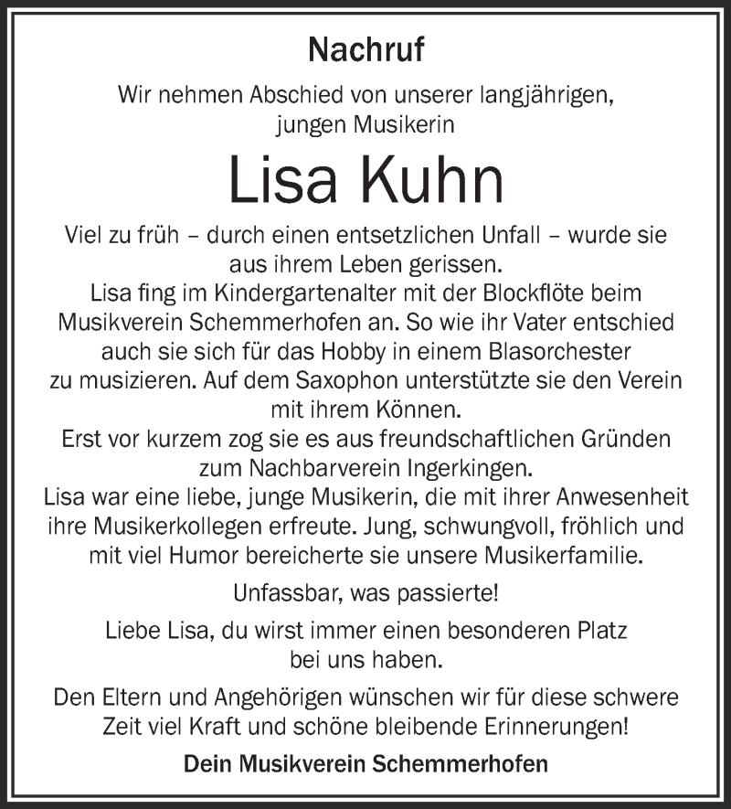  Traueranzeige für Lisa Kuhn vom 20.06.2018 aus Schwäbische Zeitung