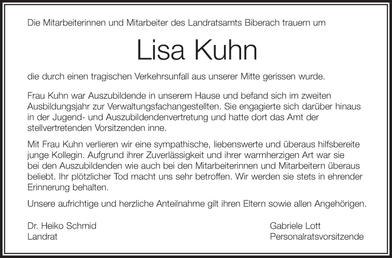  Traueranzeige für Lisa Kuhn vom 14.06.2018 aus Schwäbische Zeitung