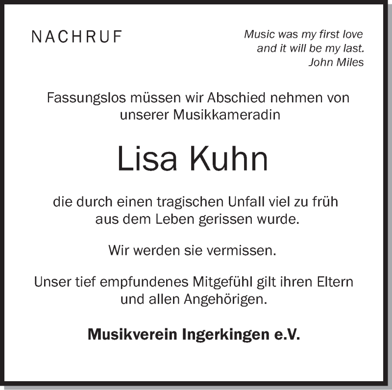  Traueranzeige für Lisa Kuhn vom 18.06.2018 aus Schwäbische Zeitung