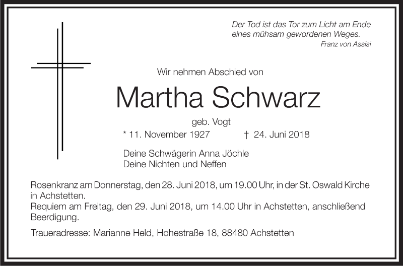 Traueranzeigen Von Martha Schwarz | Schwaebische.de Trauerportal