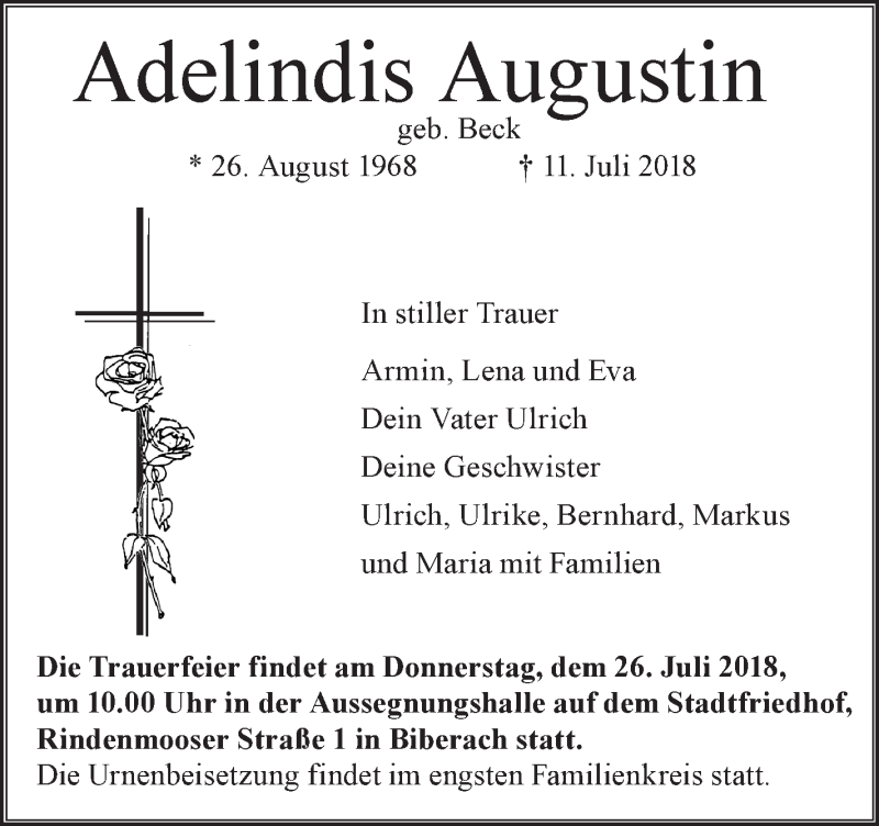  Traueranzeige für Adelindis Augustin vom 21.07.2018 aus Schwäbische Zeitung