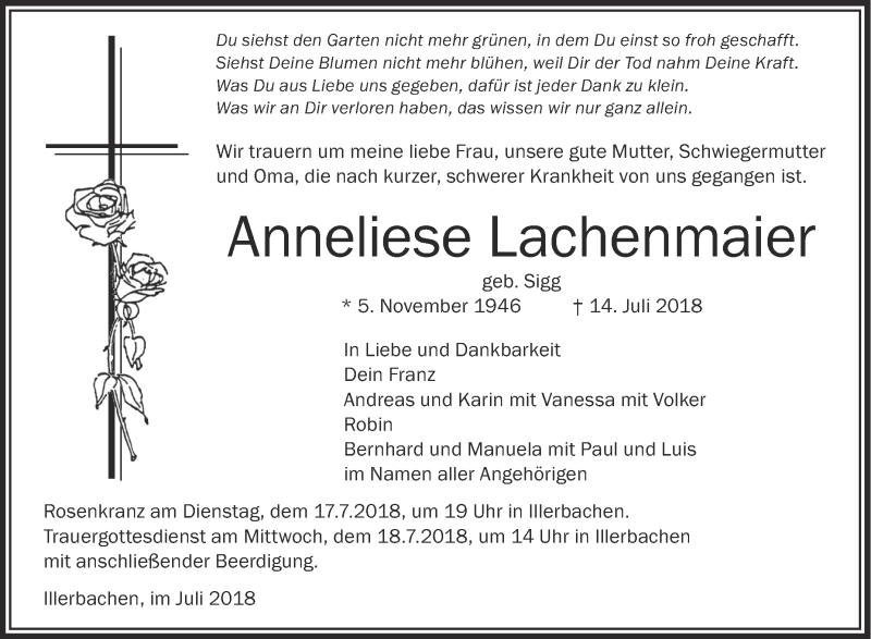  Traueranzeige für Anneliese Lachenmaier vom 16.07.2018 aus Schwäbische Zeitung