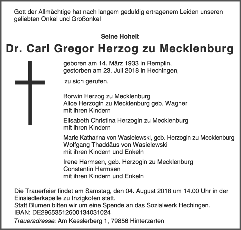  Traueranzeige für Carl Gregor Hetzog zu Mecklenburg vom 31.07.2018 aus Schwäbische Zeitung
