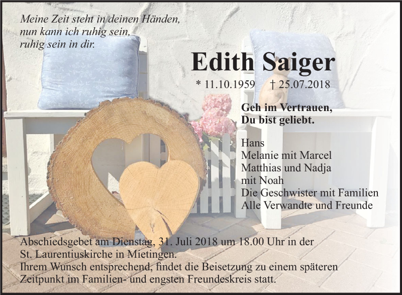  Traueranzeige für Edith Saiger vom 28.07.2018 aus Schwäbische Zeitung