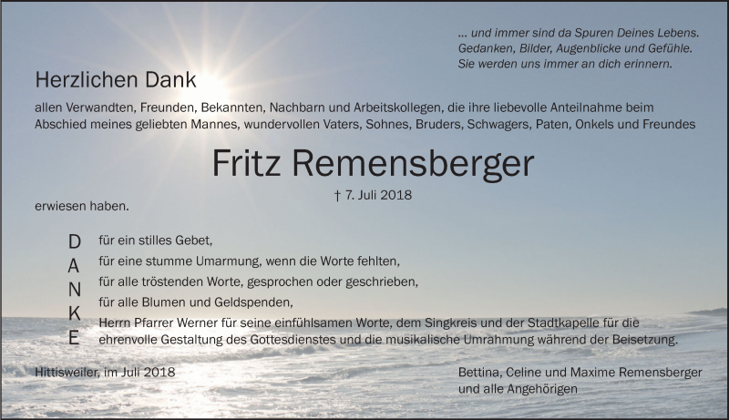  Traueranzeige für Fritz Remensberger vom 28.07.2018 aus Schwäbische Zeitung