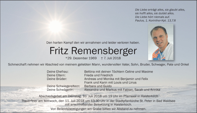  Traueranzeige für Fritz Remensberger vom 10.07.2018 aus Schwäbische Zeitung