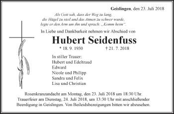 Anzeige von Hubert Seidenfuss von Schwäbische Zeitung