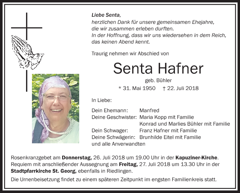 Traueranzeigen von Senta Hafner | schwaebische.de Trauerportal