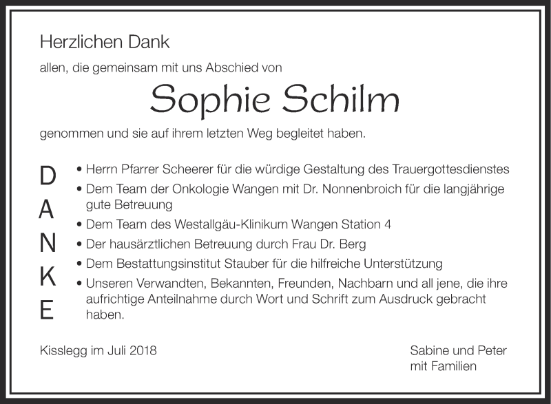  Traueranzeige für Sophie Schilm vom 21.07.2018 aus Schwäbische Zeitung