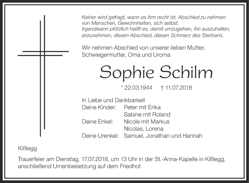  Traueranzeige für Sophie Schilm vom 14.07.2018 aus Schwäbische Zeitung