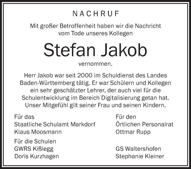  Traueranzeige für Stefan Jakob vom 28.07.2018 aus Schwäbische Zeitung
