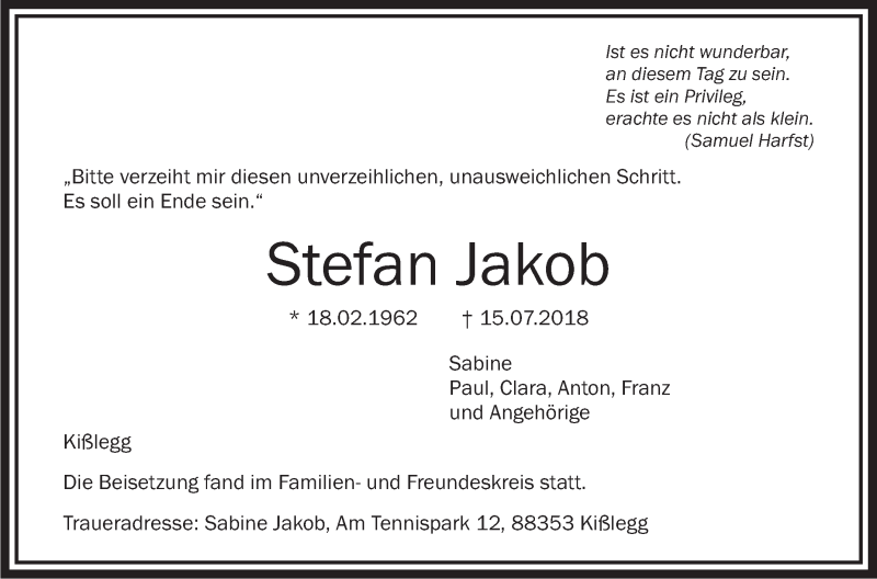  Traueranzeige für Stefan Jakob vom 23.07.2018 aus Schwäbische Zeitung