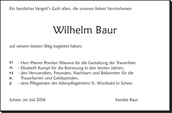 Anzeige von Wilhelm Baur von Schwäbische Zeitung