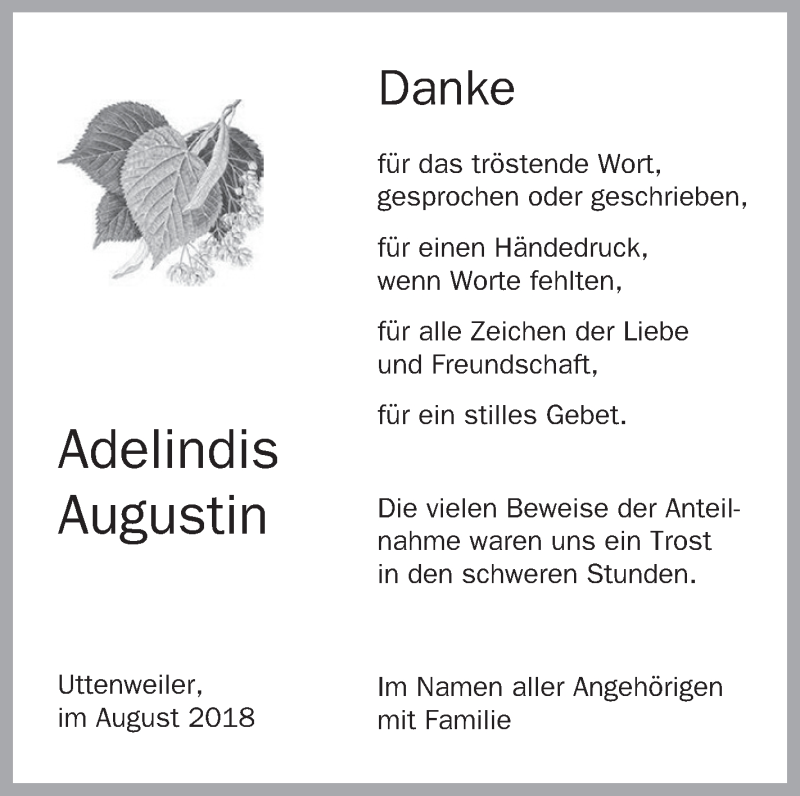  Traueranzeige für Adelindis Augustin vom 04.08.2018 aus Schwäbische Zeitung