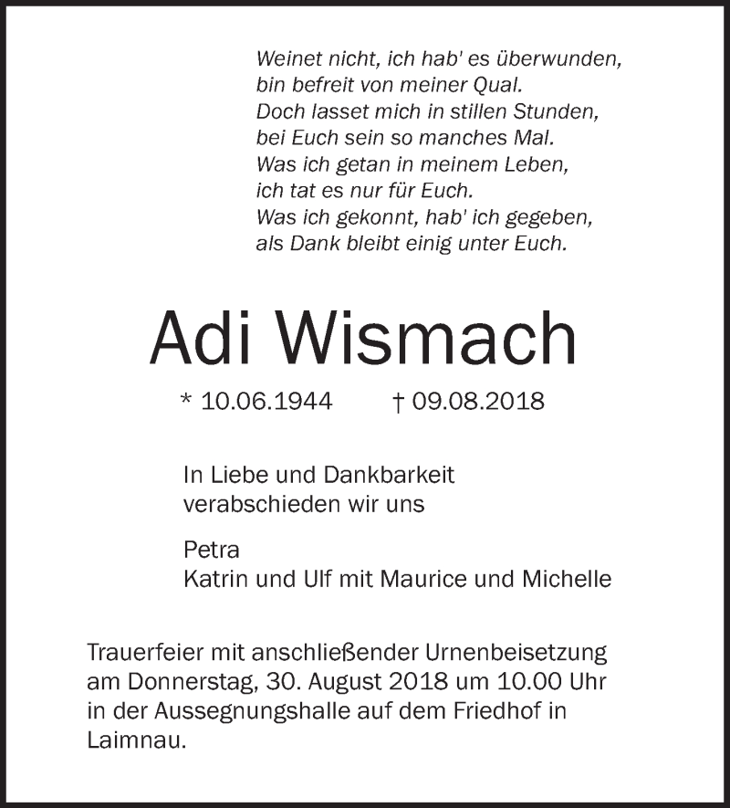  Traueranzeige für Adi Wismach vom 27.08.2018 aus Schwäbische Zeitung