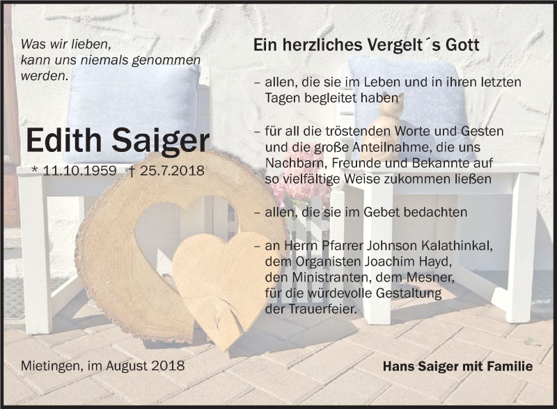  Traueranzeige für Edith Saiger vom 25.08.2018 aus Schwäbische Zeitung