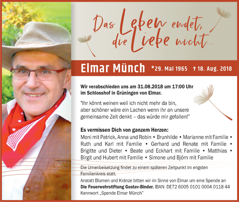  Traueranzeige für Elmar Münch vom 29.08.2018 aus Schwäbische Zeitung