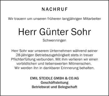 Anzeige von Günter Sohr von Schwäbische Zeitung